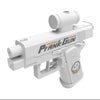 A white prank gun with a barrel and a pump mechanism is shown against a white background.