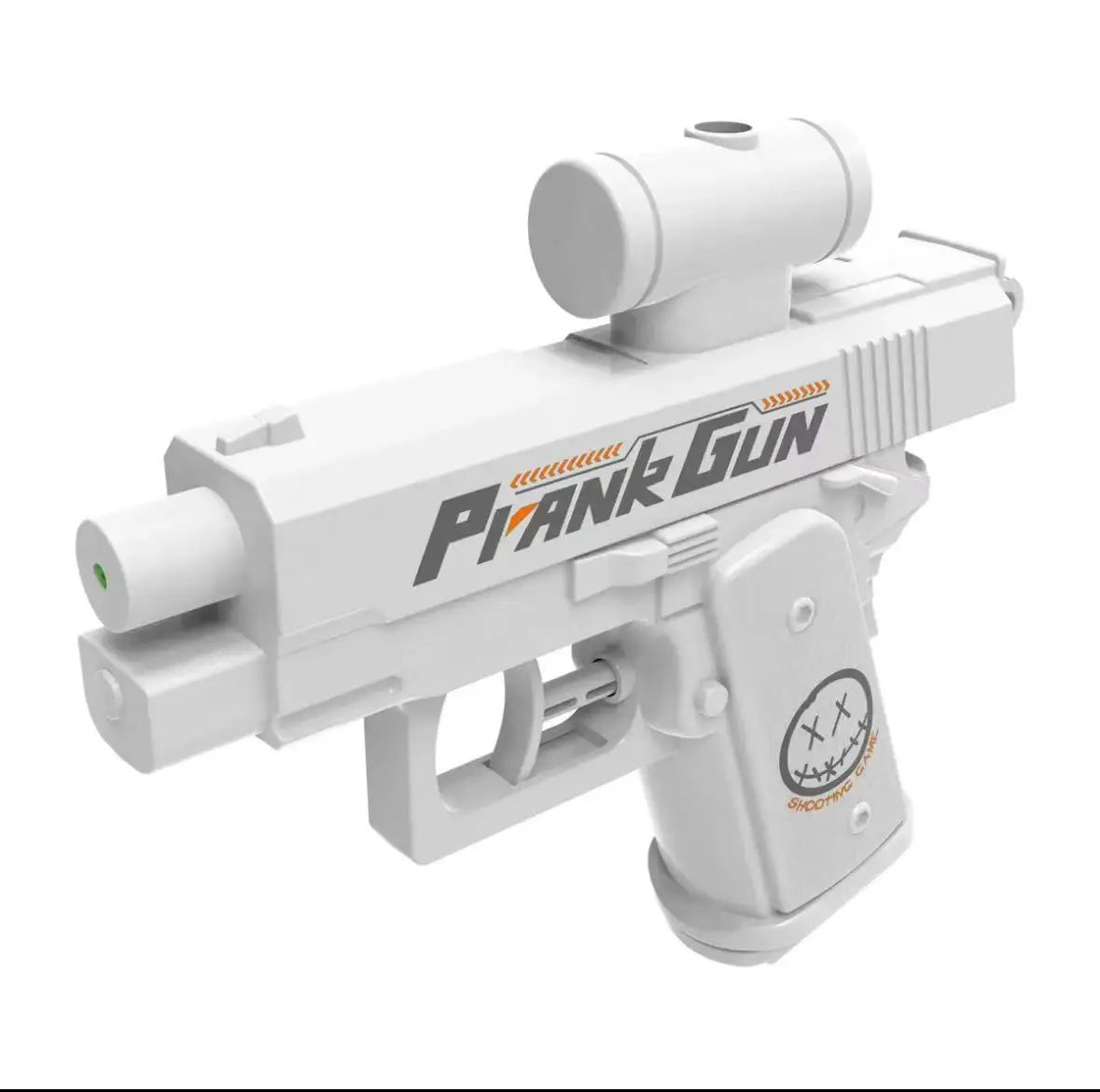 A white prank gun with a barrel and a pump mechanism is shown against a white background.