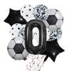A set of black and white patterned football shaped helium foil balloons and a large black number zero balloon.