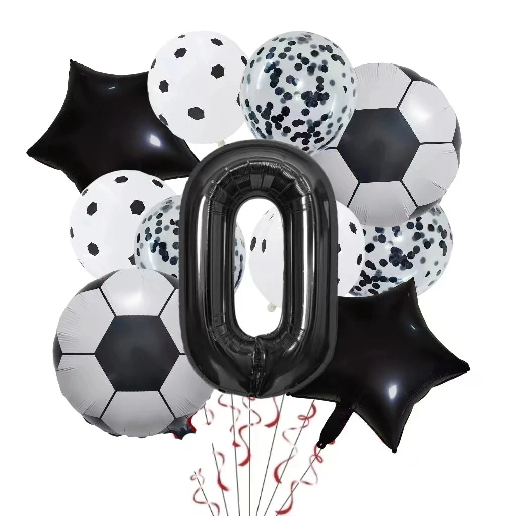 A set of black and white patterned football shaped helium foil balloons and a large black number zero balloon.
