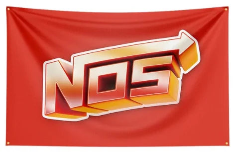 A red banner flag featuring the large, stylized letters NOS in orange and white.