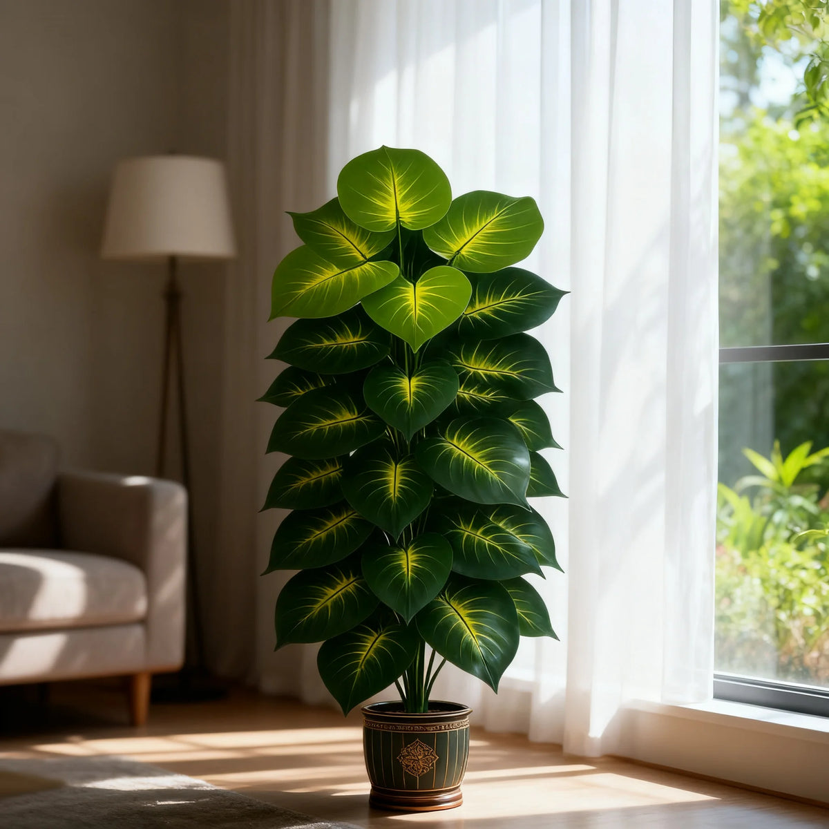 A vibrant green artificial palm tree with 24 leaves sits in a pot next to a bright window.