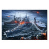 A dramatic depiction of a battleship in a stormy sea with explosions and aircraft flying above.