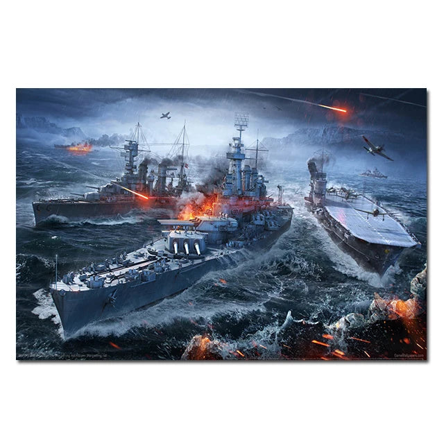 A dramatic depiction of a battleship in a stormy sea with explosions and aircraft flying above.