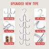 A silver 5-tier rotating organizer hanger with swivel hooks demonstrating foldable design and various hook types.