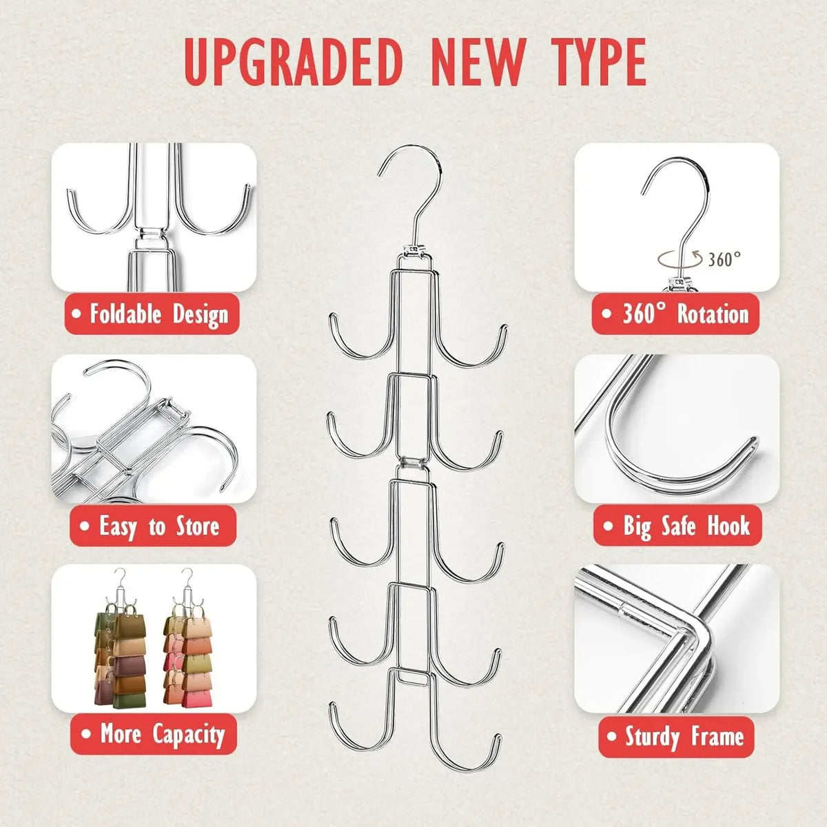 A silver 5-tier rotating organizer hanger with swivel hooks demonstrating foldable design and various hook types.