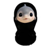 A black full-face PU mask with a pale face and large eyes.