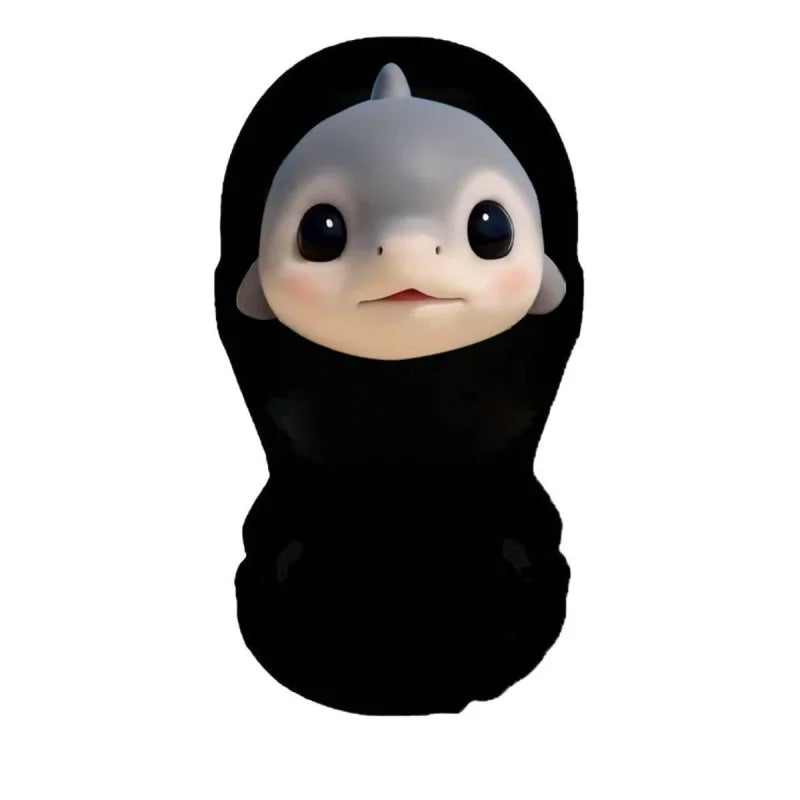 A black full-face PU mask with a pale face and large eyes.