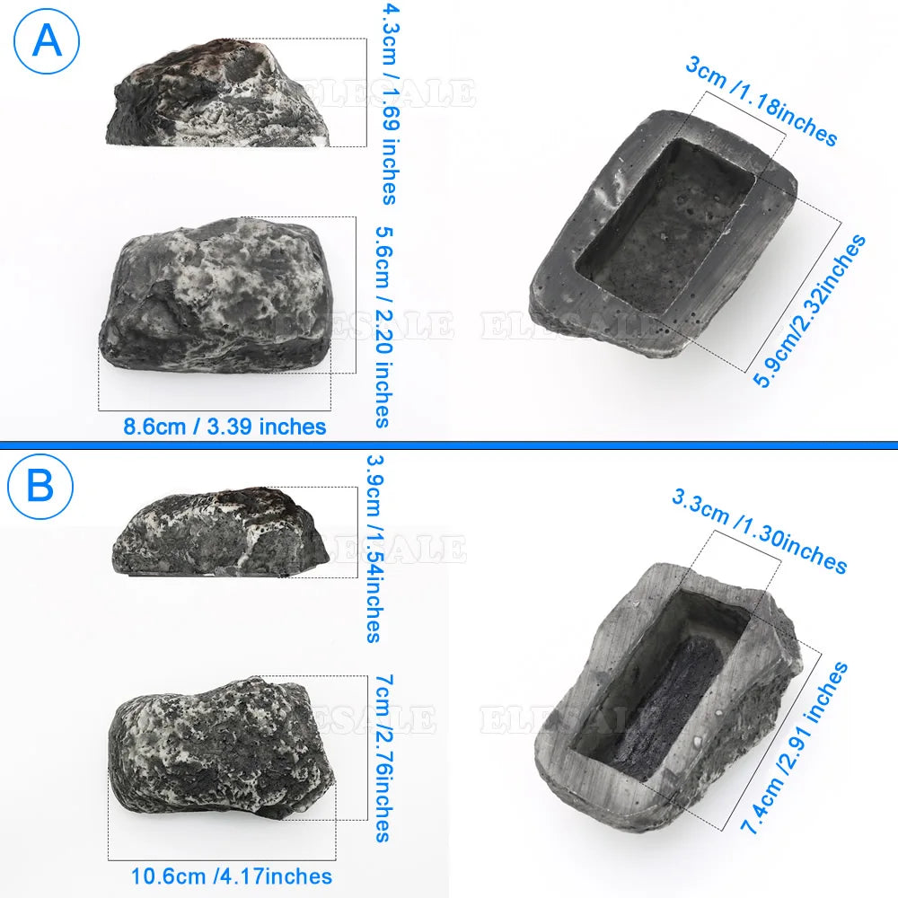 Two sizes of decorative garden key hiding stones shown with corresponding measurements.
