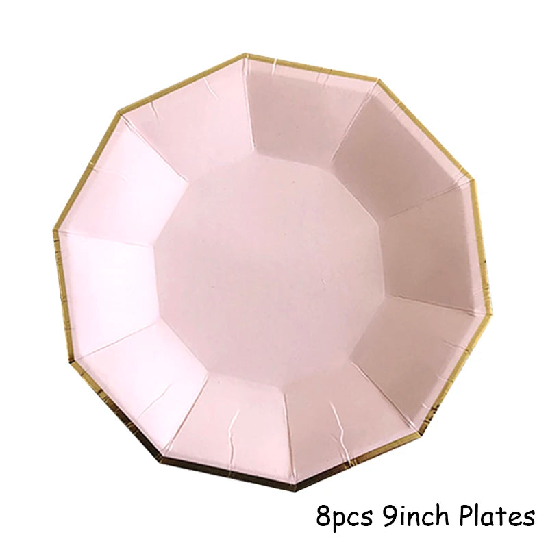 Eight 9-inch pink disposable plates with gold trim