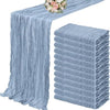 A set of ten terracotta semi-sheer cheesecloth table runners in a dusty blue color.