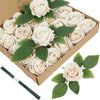 A box filled with 50 artificial cream-colored roses and green leaves for a DIY floral set.