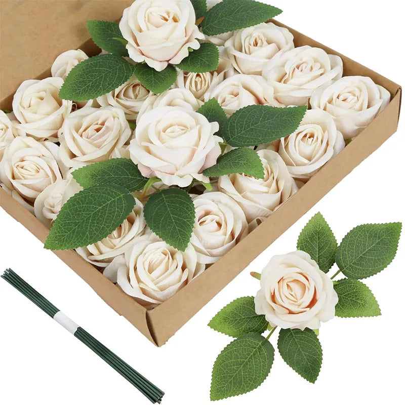 A box filled with 50 artificial cream-colored roses and green leaves for a DIY floral set.