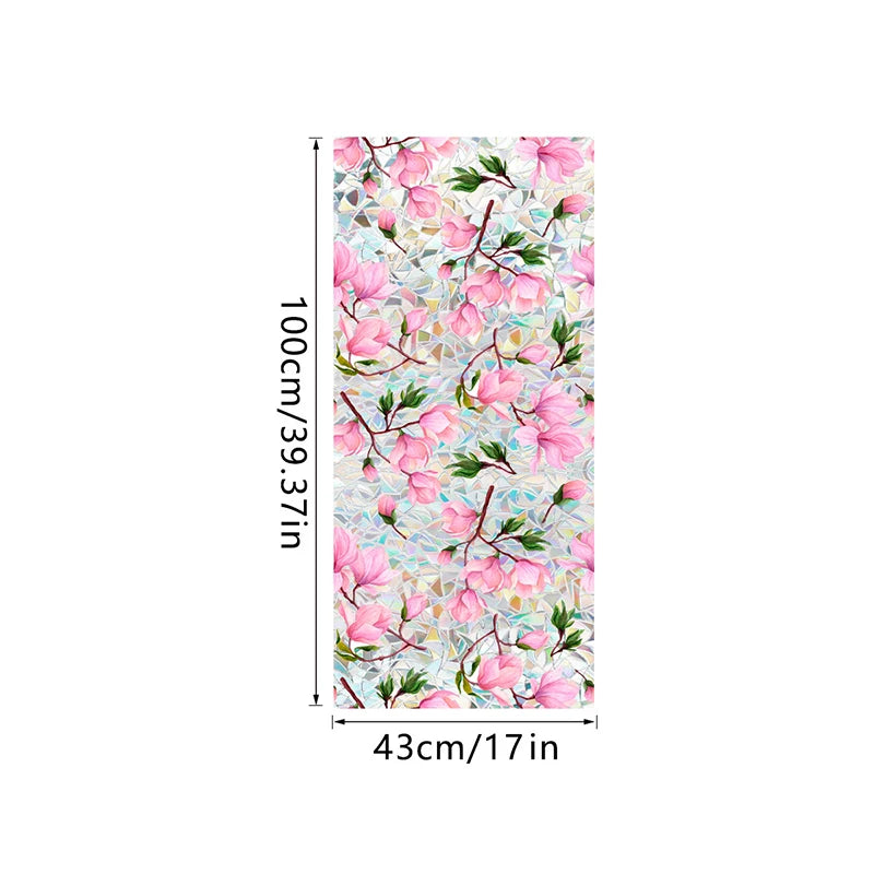 Botanical print static cling window film featuring pink cherry blossoms and green leaves
