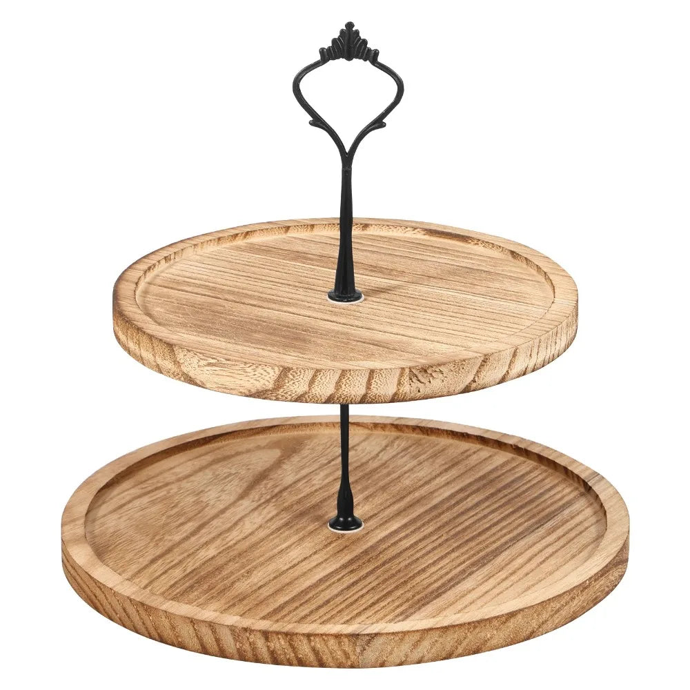 A wooden 3-tier cupcake stand with two circular layers and a black metal fork.