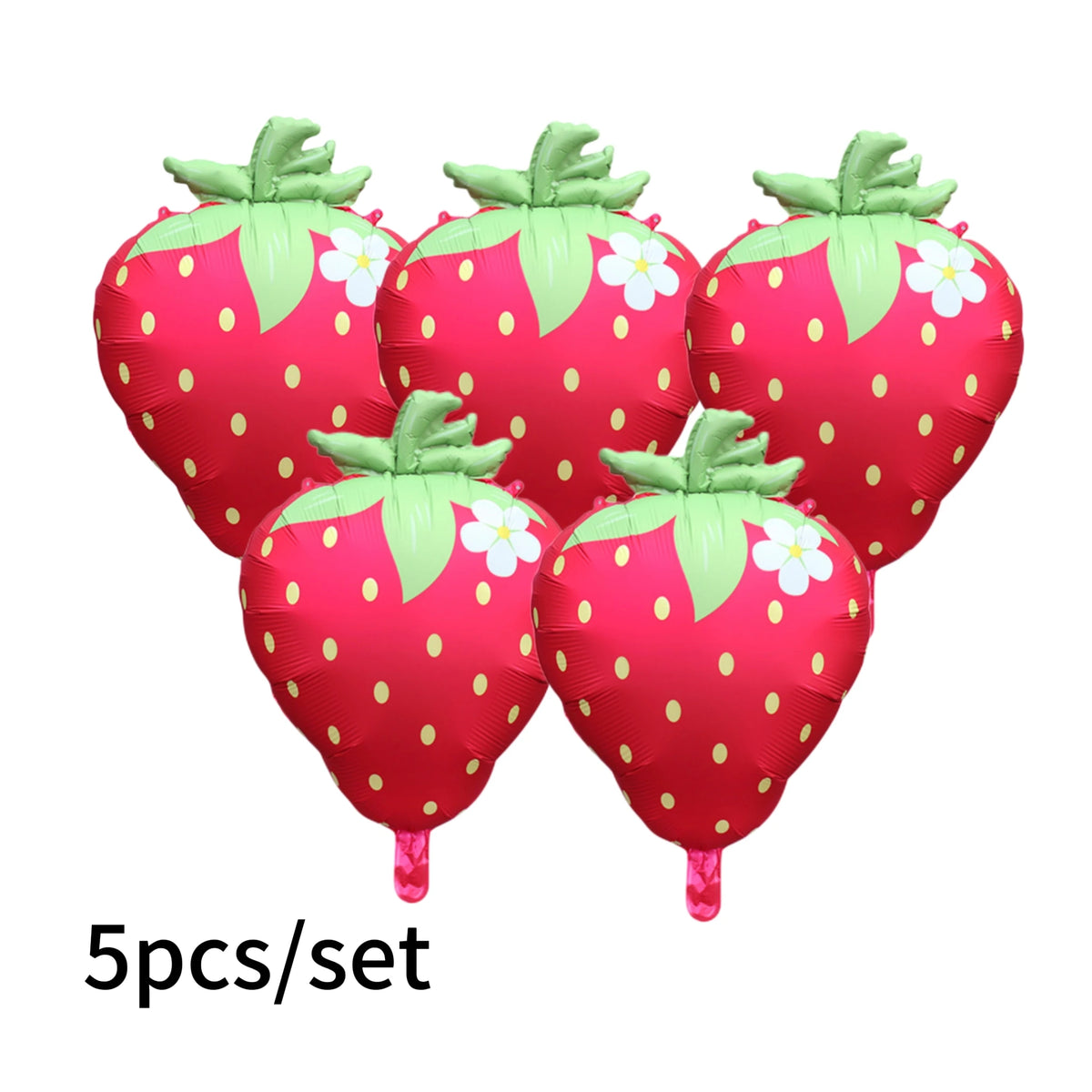 A set of six pink and green digital flower foil balloons shaped like strawberries.