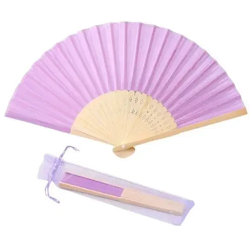 A pink silk wedding hand fan with a bamboo frame shown in an open, fan-like display.