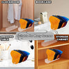 Stackable acrylic baseball cap organizer rack in orange and blue colors shown with a dressing table and storage cabinet.