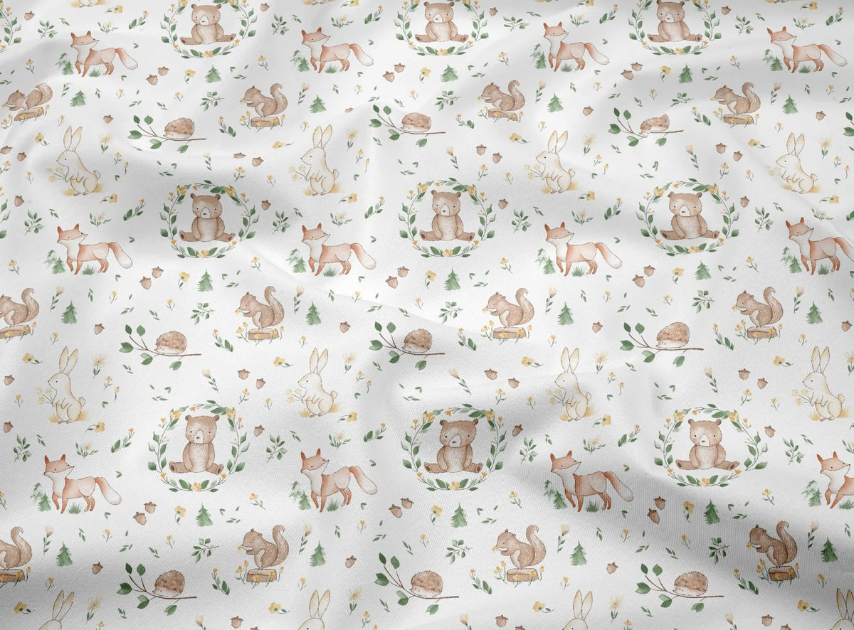 Light patterned fabric featuring a repeating floral print of various woodland animals like rabbits and bears.
