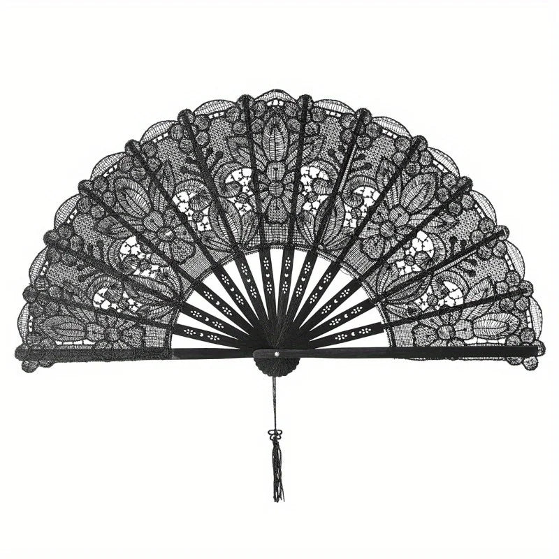 Black intricate hollowout lace handheld fan with a radiating design