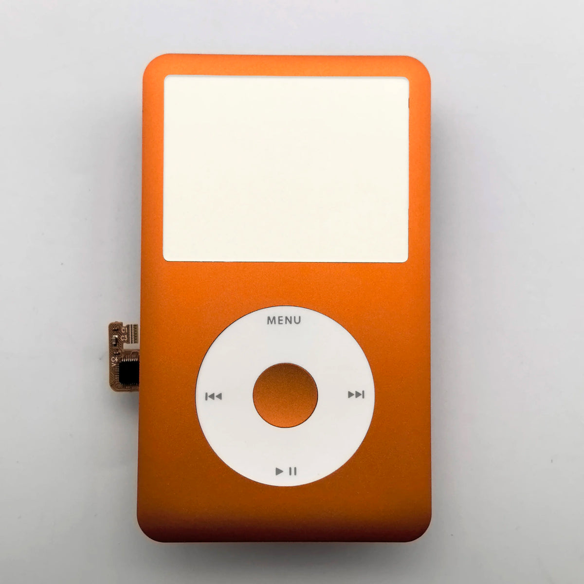 An orange iPod Classic front faceplate with a circular menu button visible.