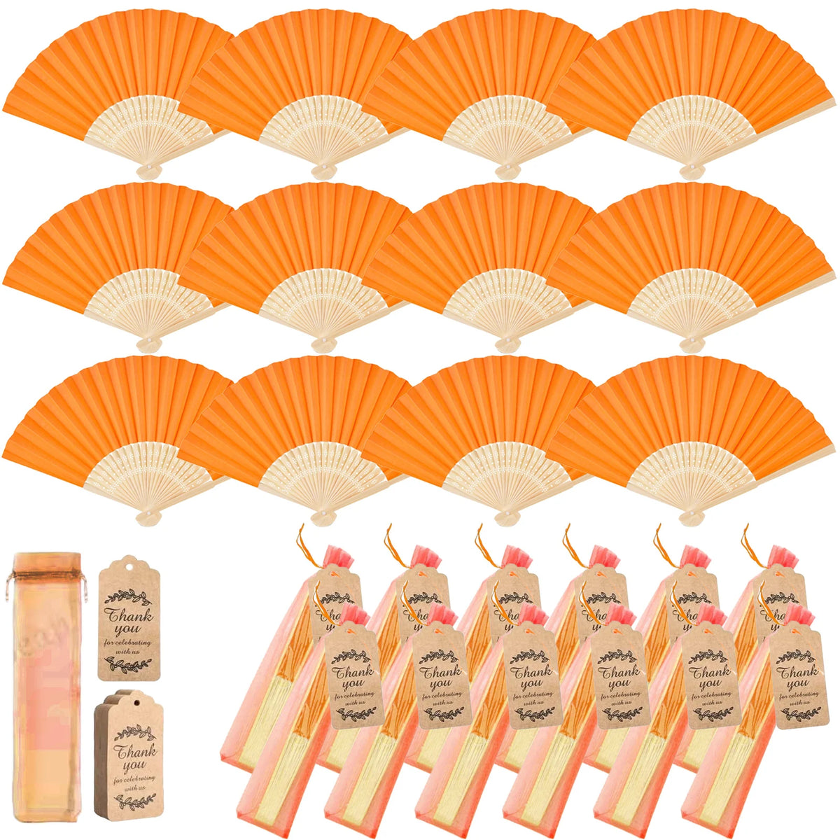 A set of orange paper hand fans with accompanying gift bags and thank you cards
