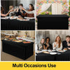 Various images showing an elastic fitted spandex tablecloth used for buffet and dining tables.