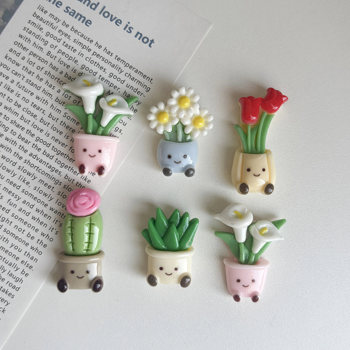 A set of five kawaii potted plant fridge magnets featuring various green and pink plants in small ceramic pots.