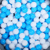 A mix of white and blue plastic balls for kids' play areas