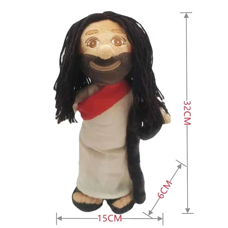 A plush doll depicting Jesus and the Virgin Mary with dark hair and robes.
