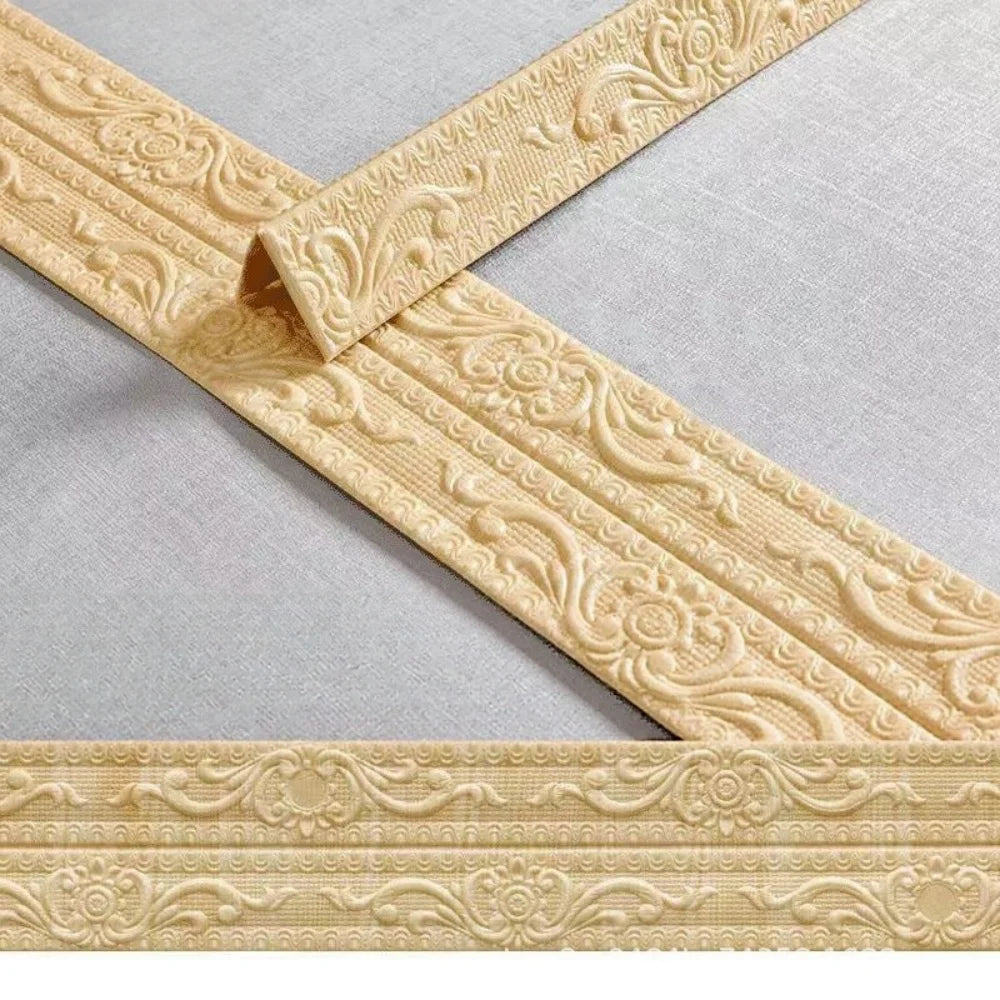 Gold self-adhesive PVC corner trim with 3D textured edge shown in an X-shape pattern