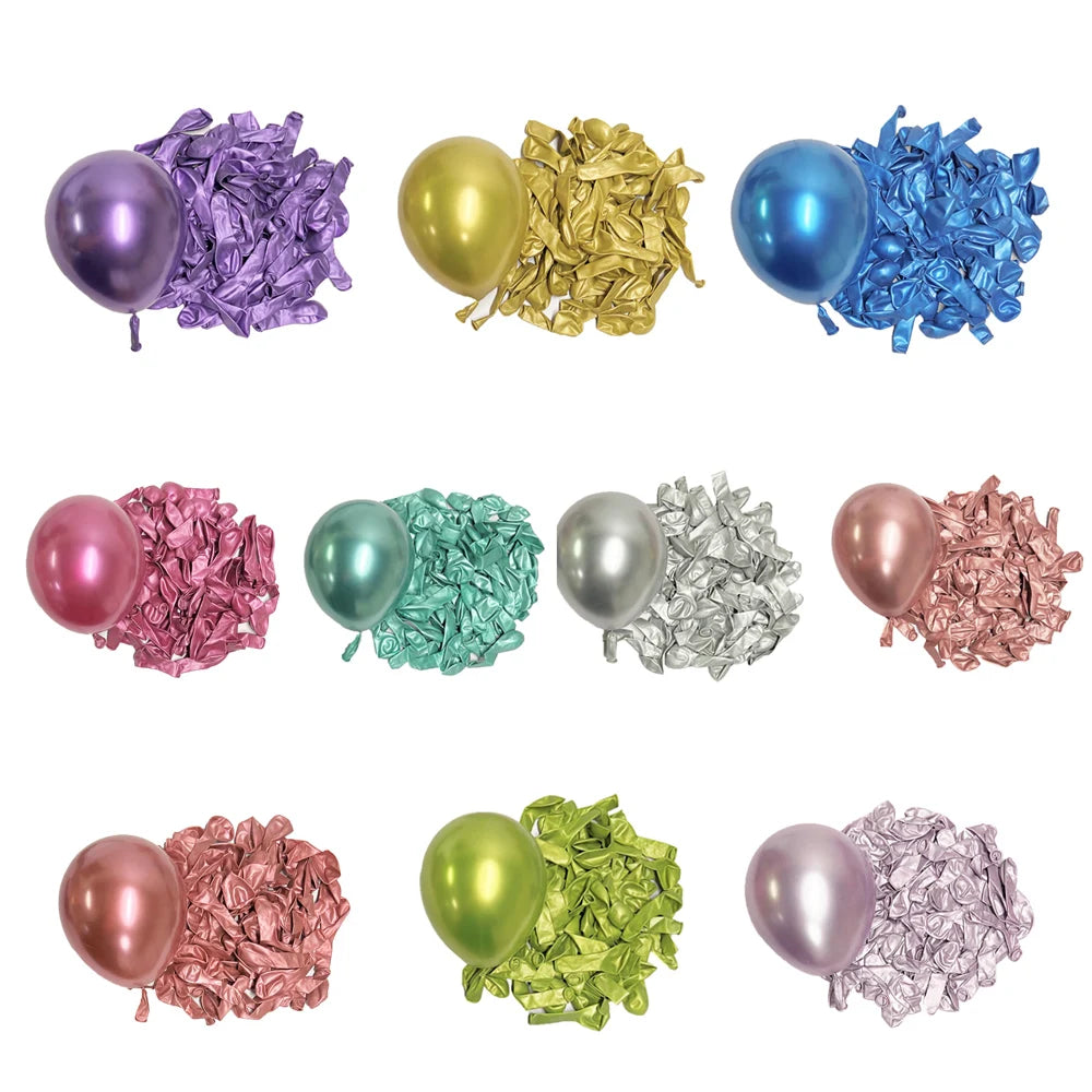 A collection of metallic latex balloons in purple, gold, silver, and blue, displayed next to crinkled metallic foil balloons.