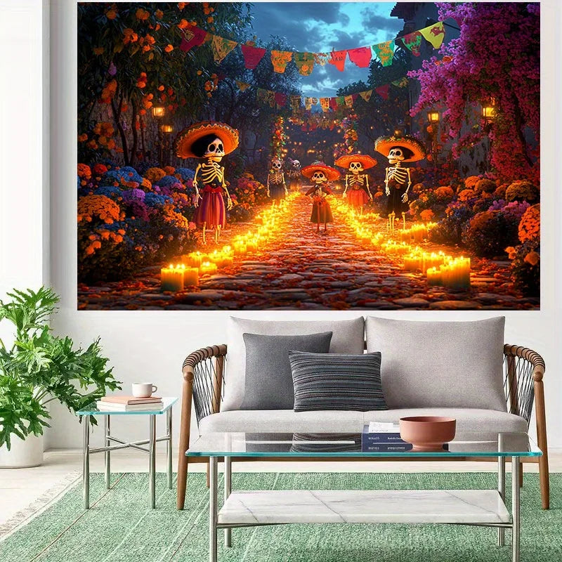 A vibrant Day of the Dead backdrop featuring a path lined with sugar skulls and colorful floral patterns under a twilight sky