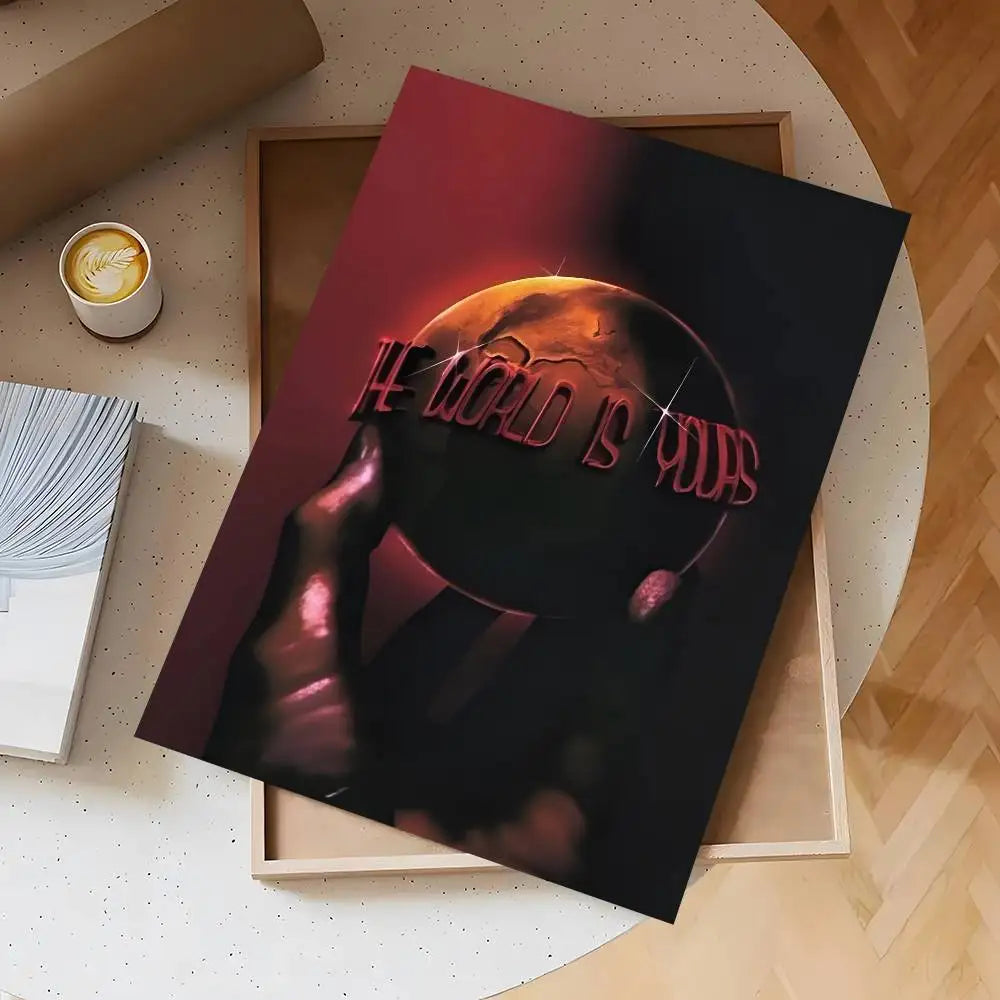 A dark poster featuring a hand reaching toward a glowing orange planet with the text He world is yours.