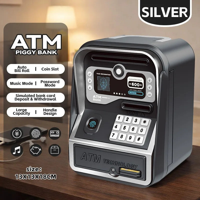 Piggy bank ATM argenté avec reconnaissance faciale et emplacement de pièces sur une surface en bois.
