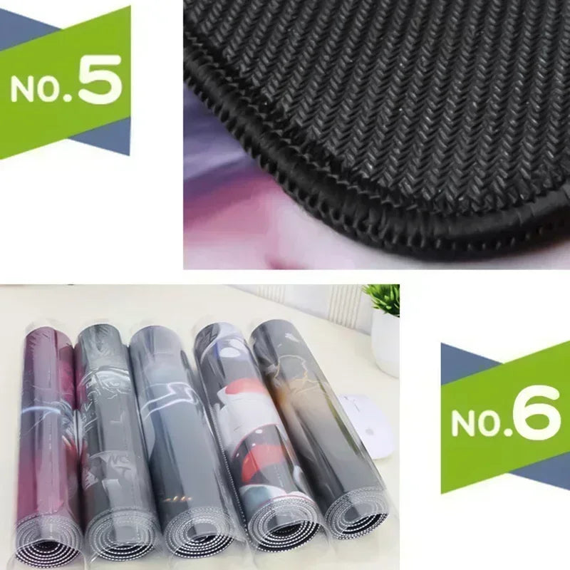 A set of six black desk mats with non-slip rubber bases for an anime theme