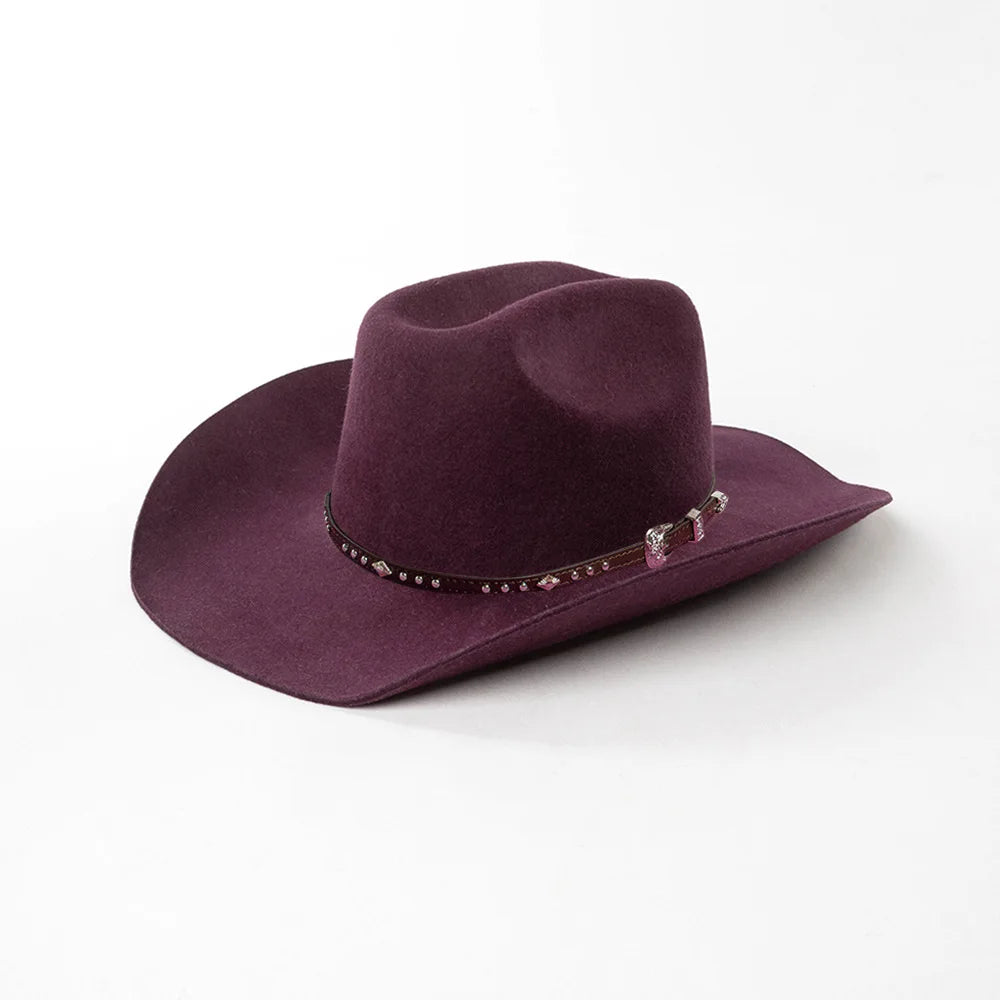 A deep purple wool cowboy hat with a studded leather band.