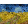 A painting depicting a yellow field under a dark blue sky with silhouetted birds flying across the scene.