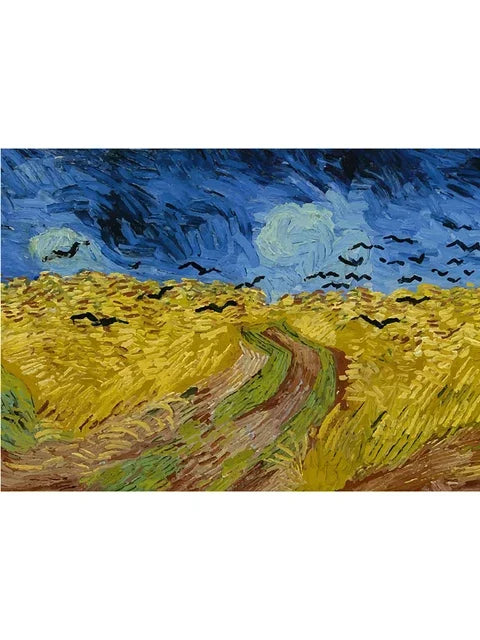 A painting depicting a yellow field under a dark blue sky with silhouetted birds flying across the scene.