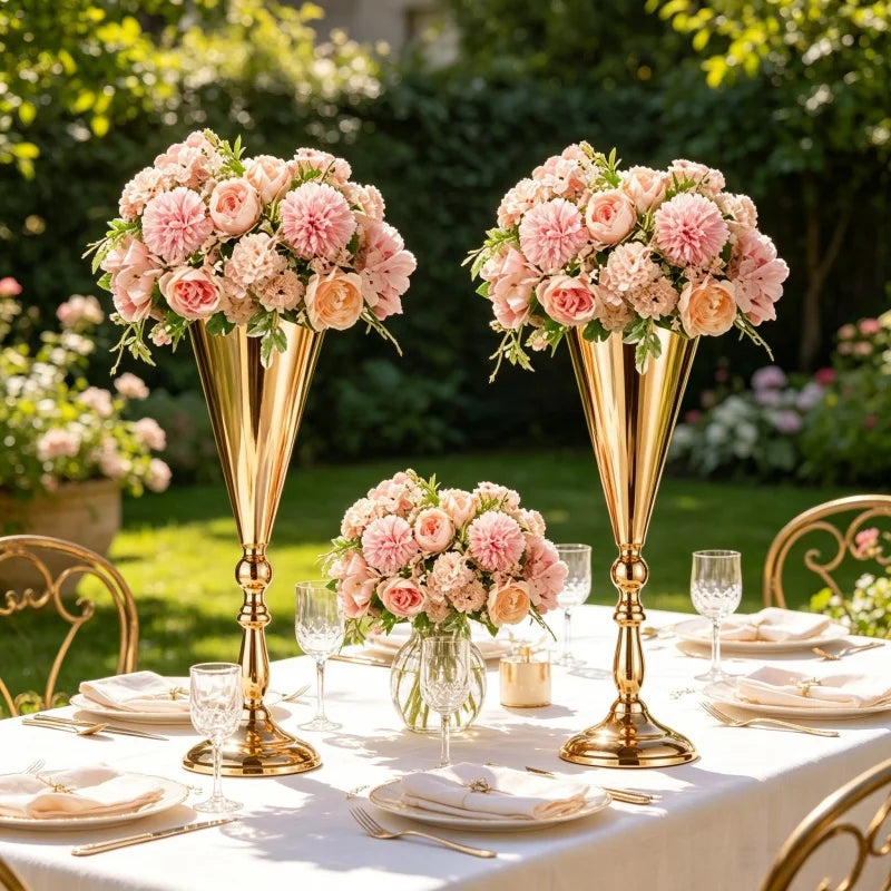 Gold Trumpet Vase Metal Flower Holder for Weddings & Home Decor