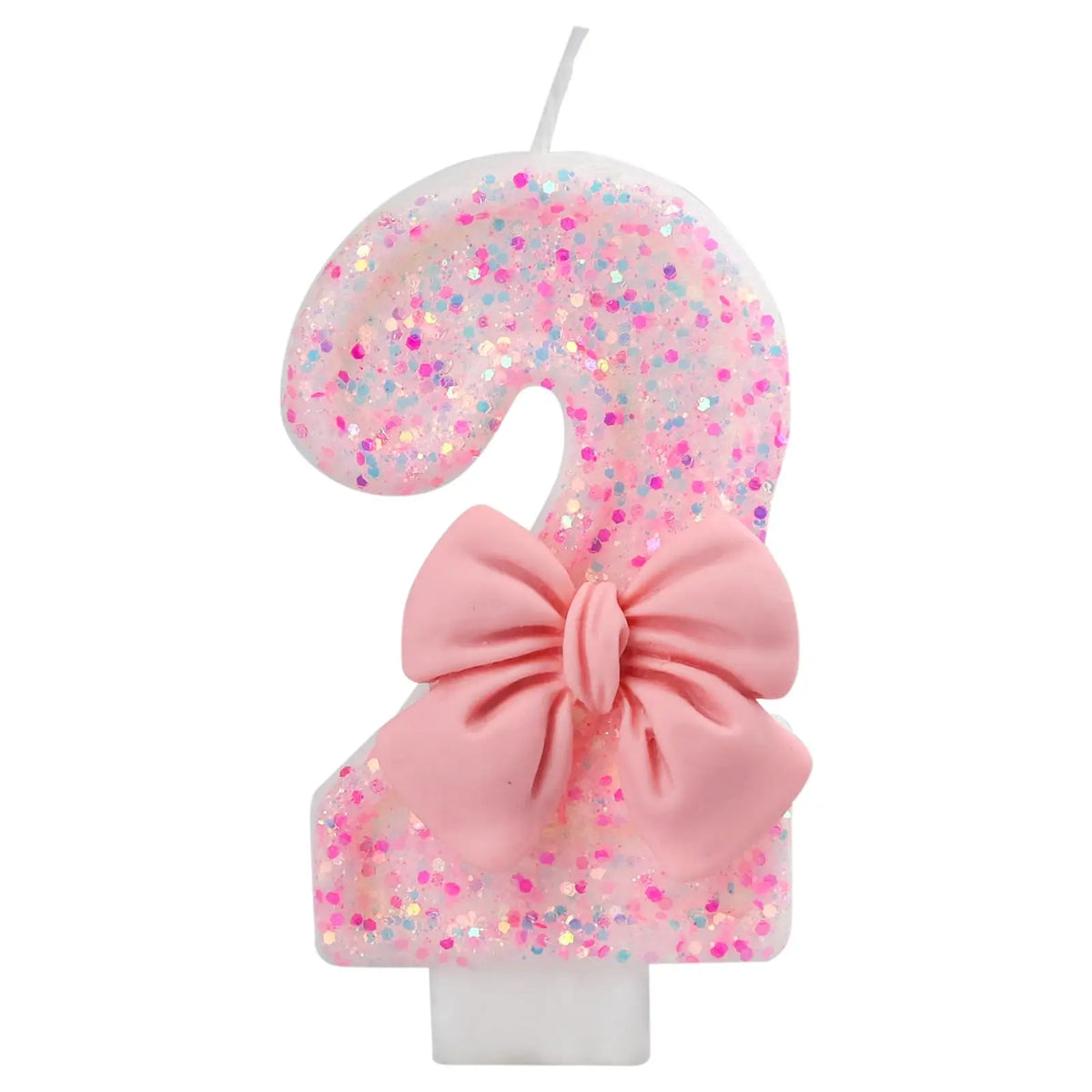 Pink glitter number cake candle with a bow for birthday or anniversary