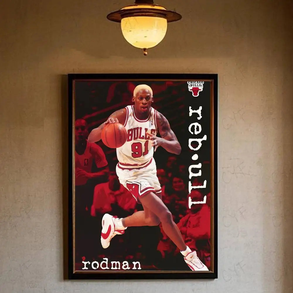 A framed poster featuring a portrait of Dennis Rodman in a basketball uniform against a red background.