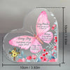 Pink watercolor butterfly design on a clear heart-shaped acrylic desk decor featuring Bible verses