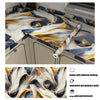 Marble pattern self-adhesive backsplash panel featuring swirling gold and blue marble designs.