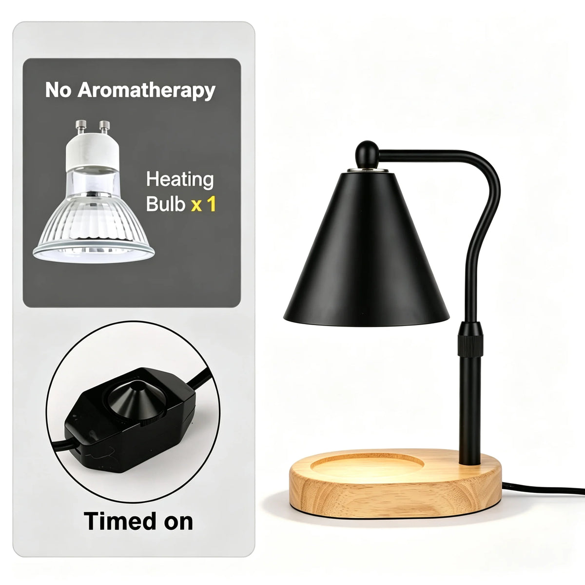 A black adjustable flameless candle warmer lamp with a conical shade and wooden base, shown next to instructions.