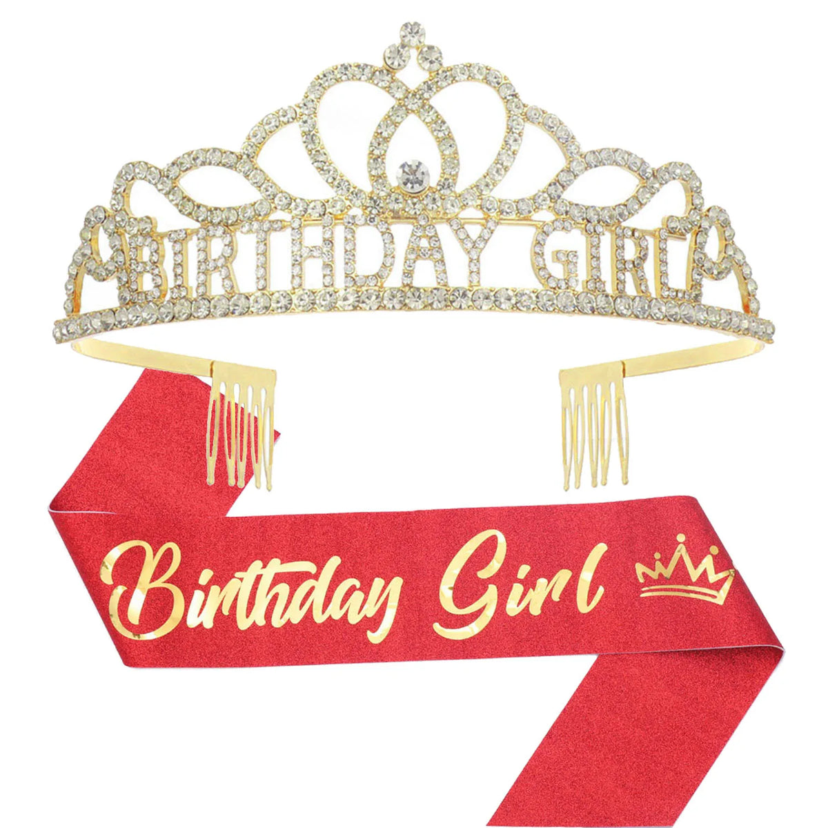 A gold crystal birthday crown and red satin sash with gold lettering for a birthday girl