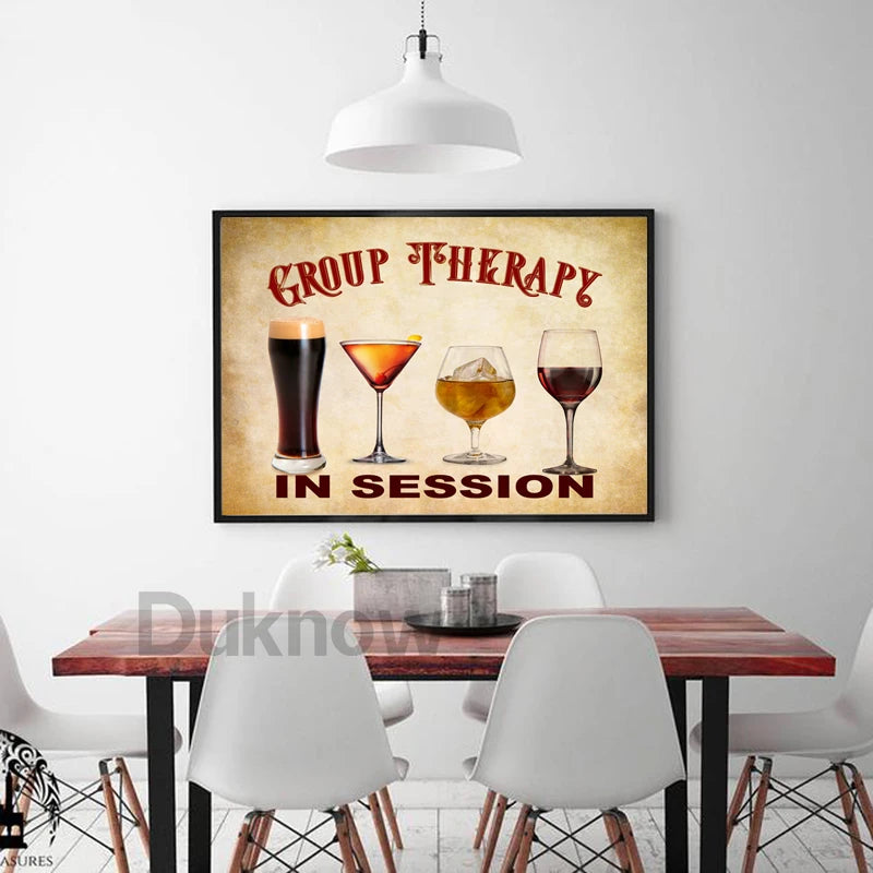 Vintage prohibition-era beer print wall art featuring a group therapy theme with glasses in session