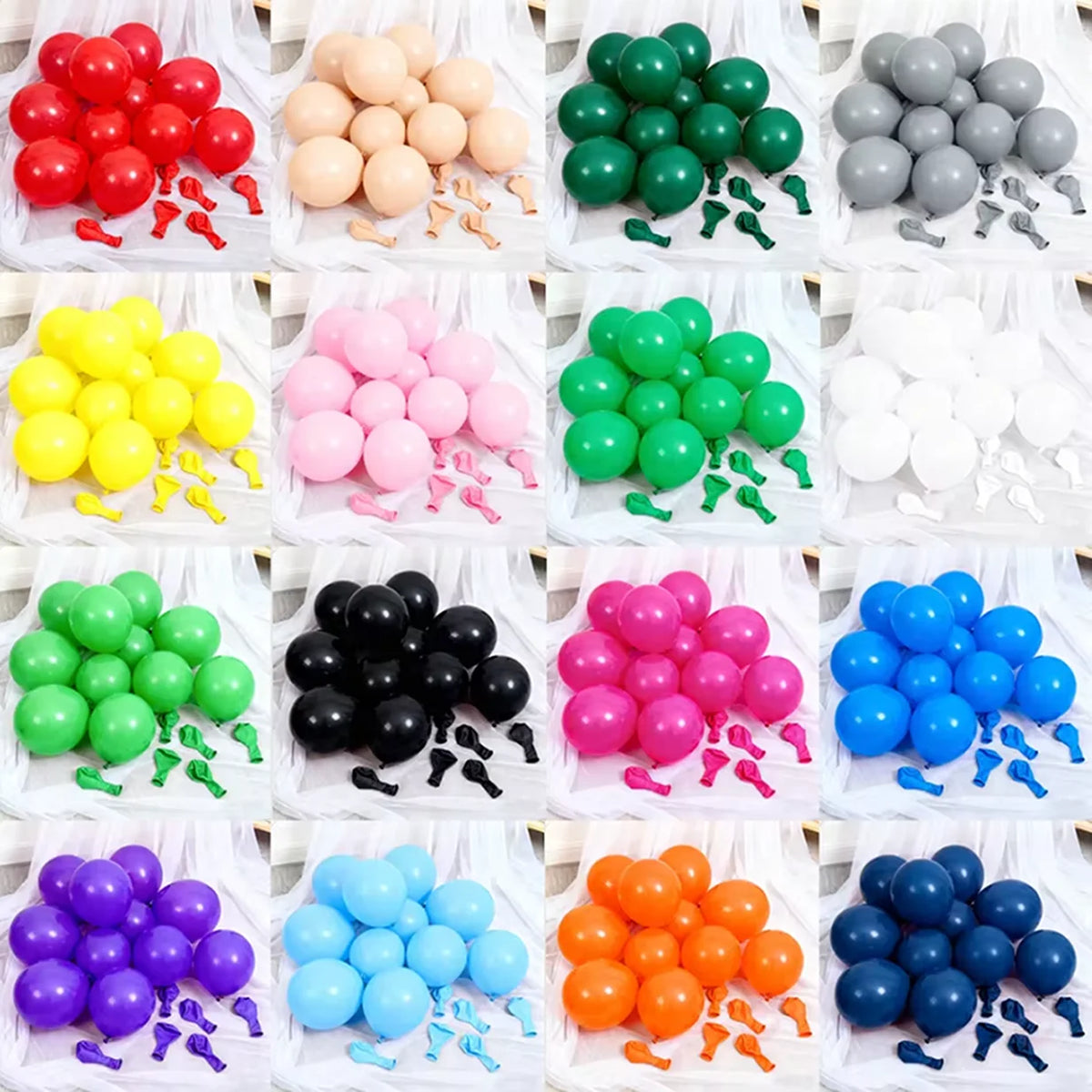 A collection of colorful latex balloons in various shades including red, yellow, pink, green, white, black, purple, and orang