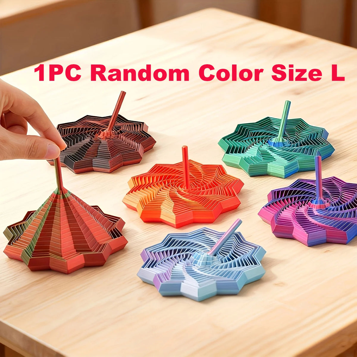 One piece random color size L 3D-printed star fidget spinner with handle resting on a wooden table.
