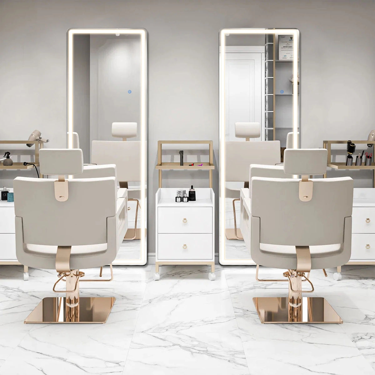 A modern full-length LED mirror with an adjustable stand is shown in a bright, minimalist room.